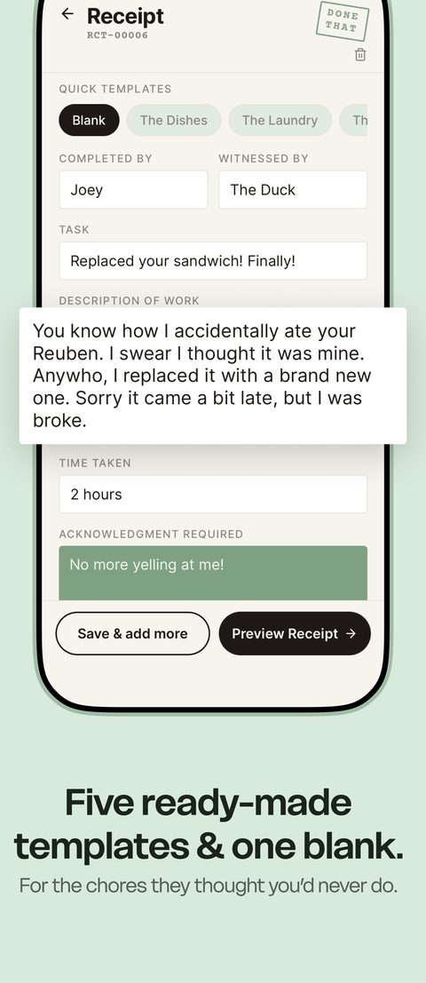 Receipt form screen
