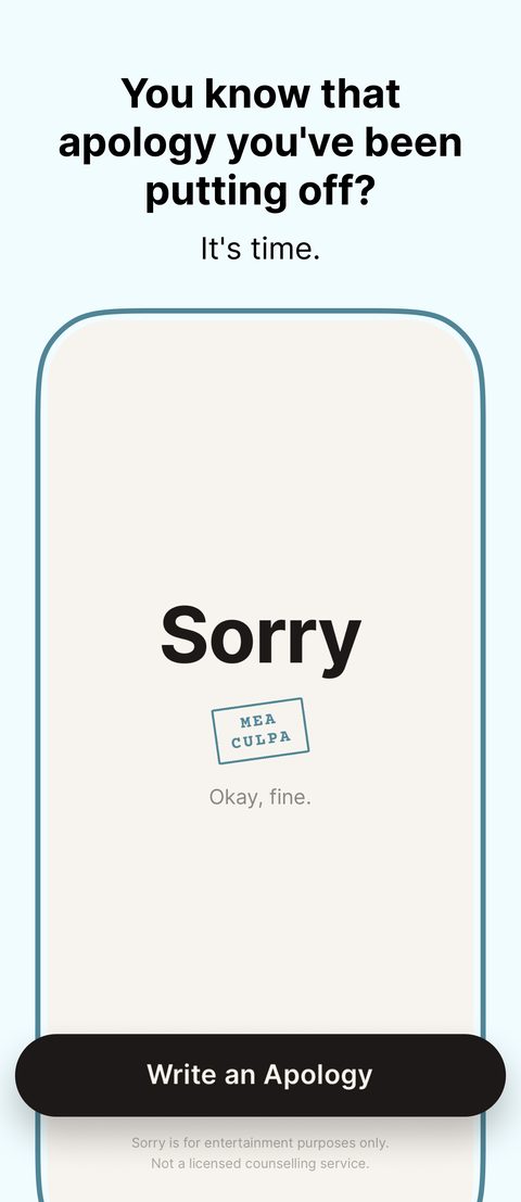 Sorry app landing screen